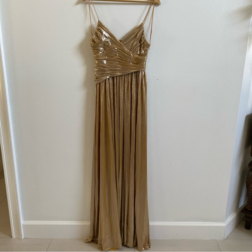 Retrofete Doss Dress Gold Metallic Ruched V-Neck Gown with Thigh Slit - Picture 6 of 10
